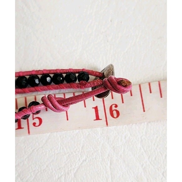 CHAN LUU NWT 5 WRAP PINK LEATHER ONYX NUGGET SKULL BRACELET 32" - Picture 8 of 10